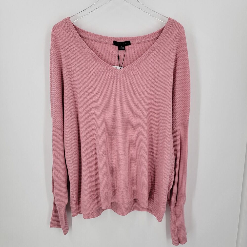 Sanctuary Top Women's Size 2X Waffle Knit V Neck Long Sleeve Pink Blouse NEW